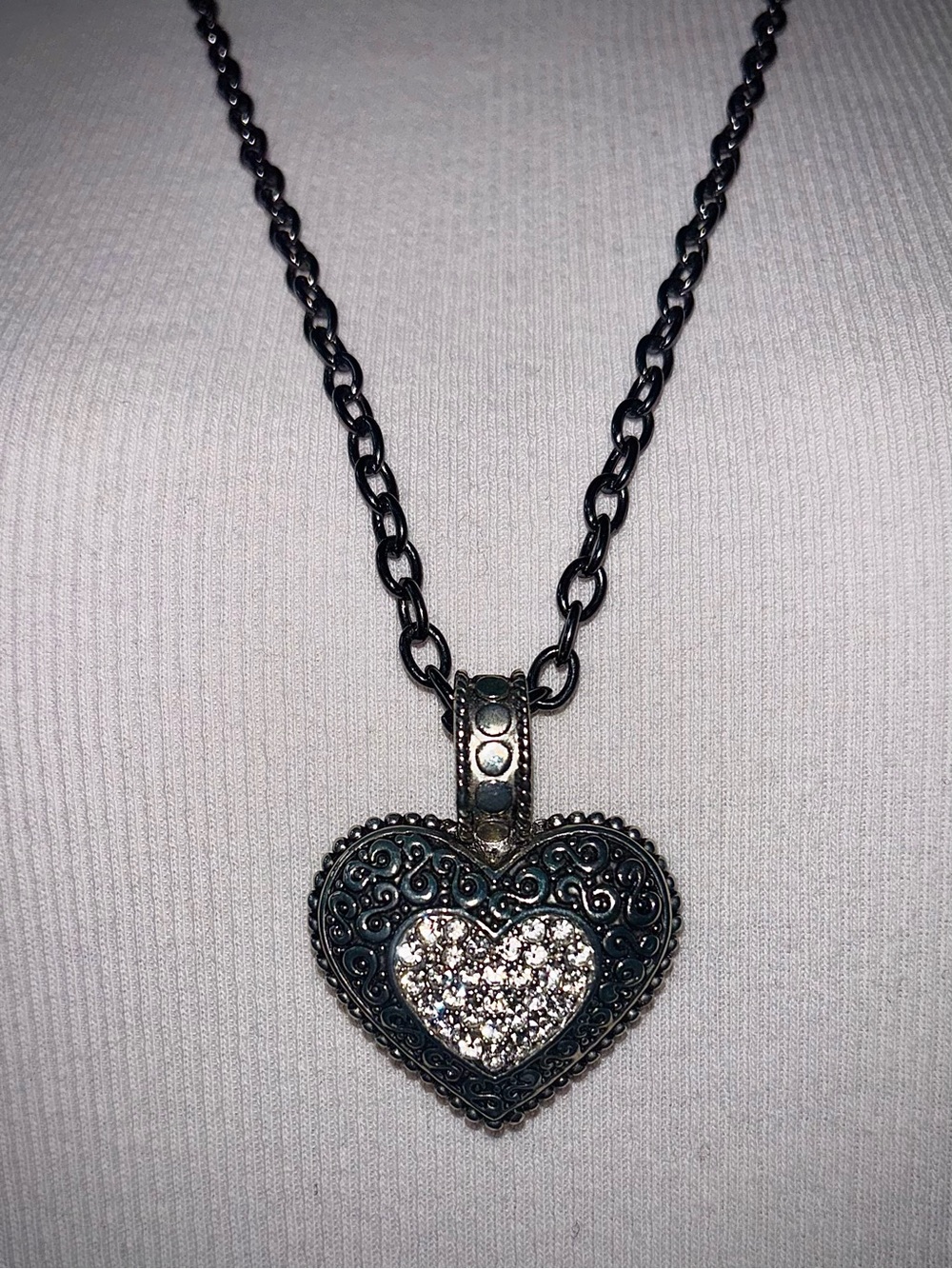 Lia Sophia Gunmetal Crystal Heart Pendant Necklace Filigree Statement Jewelry